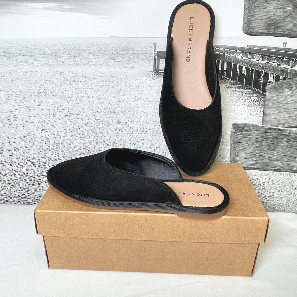 NWT Lucky Brand Women's Arvy Black Suede Mules Nubuck Leather Slides Size‎ 8M
